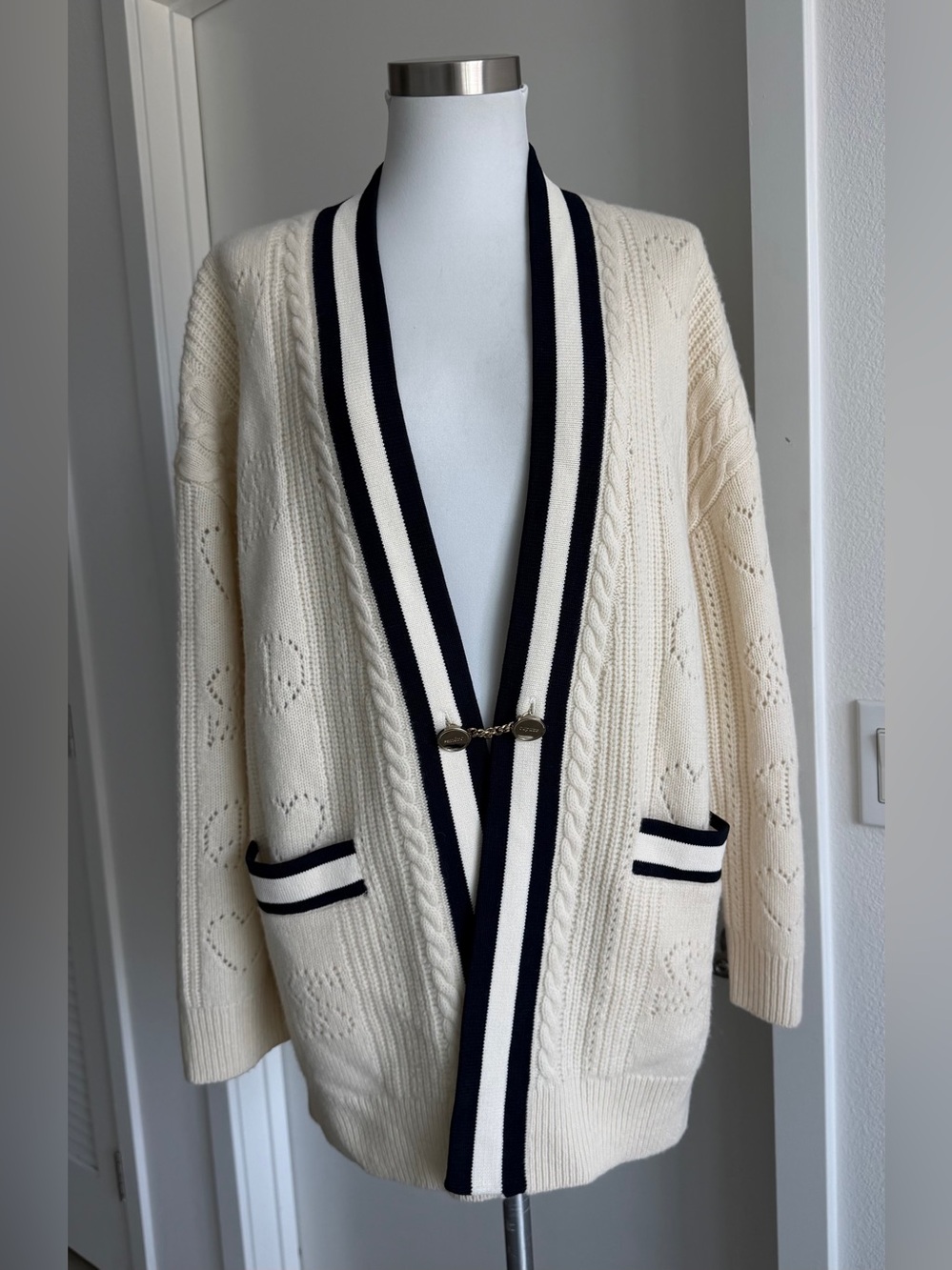 Sandro Erwan Long Cardigan-Coat with Pointelle Knit Size 2 - Picture 5 of 16